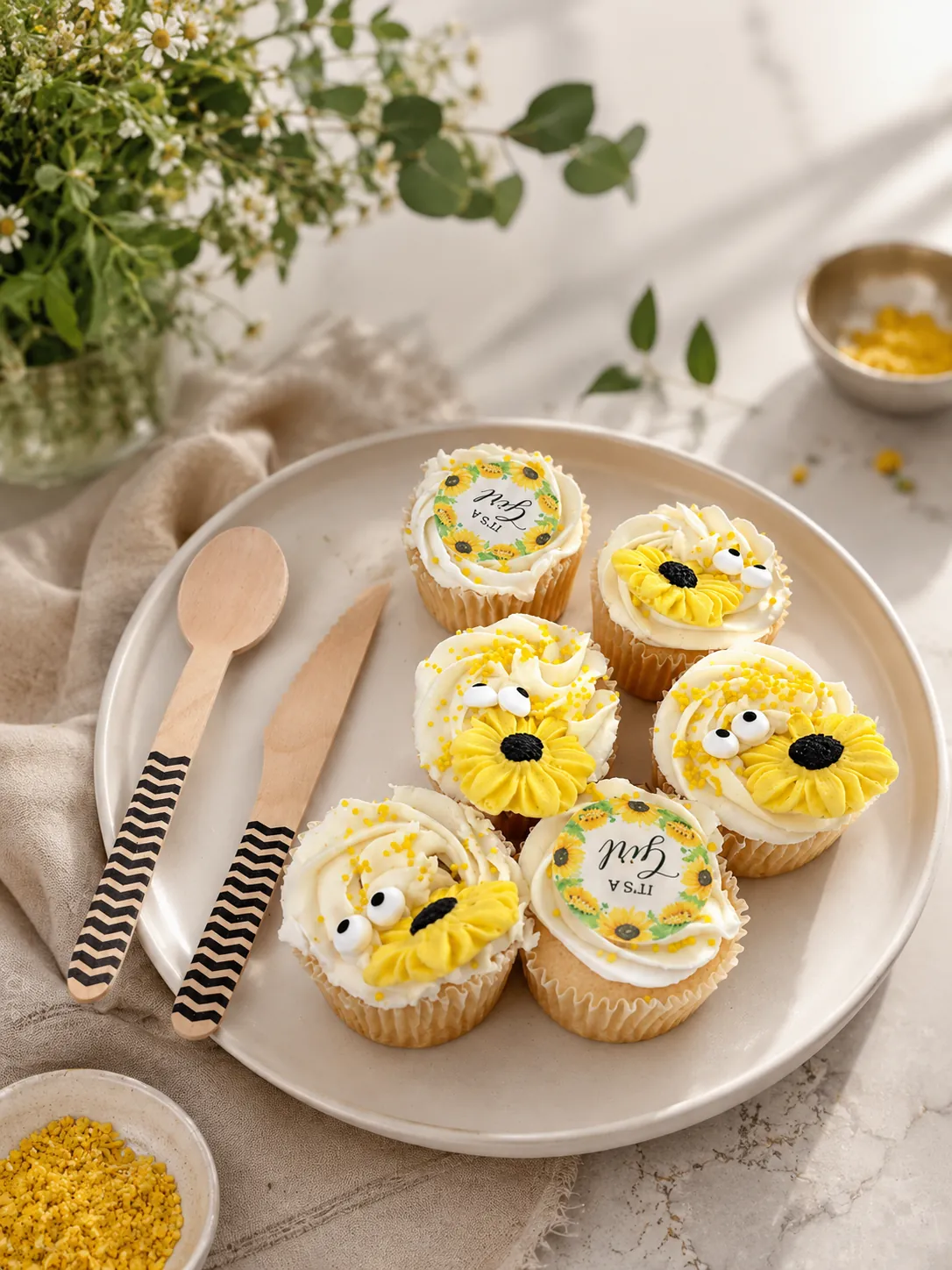 Birchwood spoon and knife beside sunflower cupcakes at an outdoor party